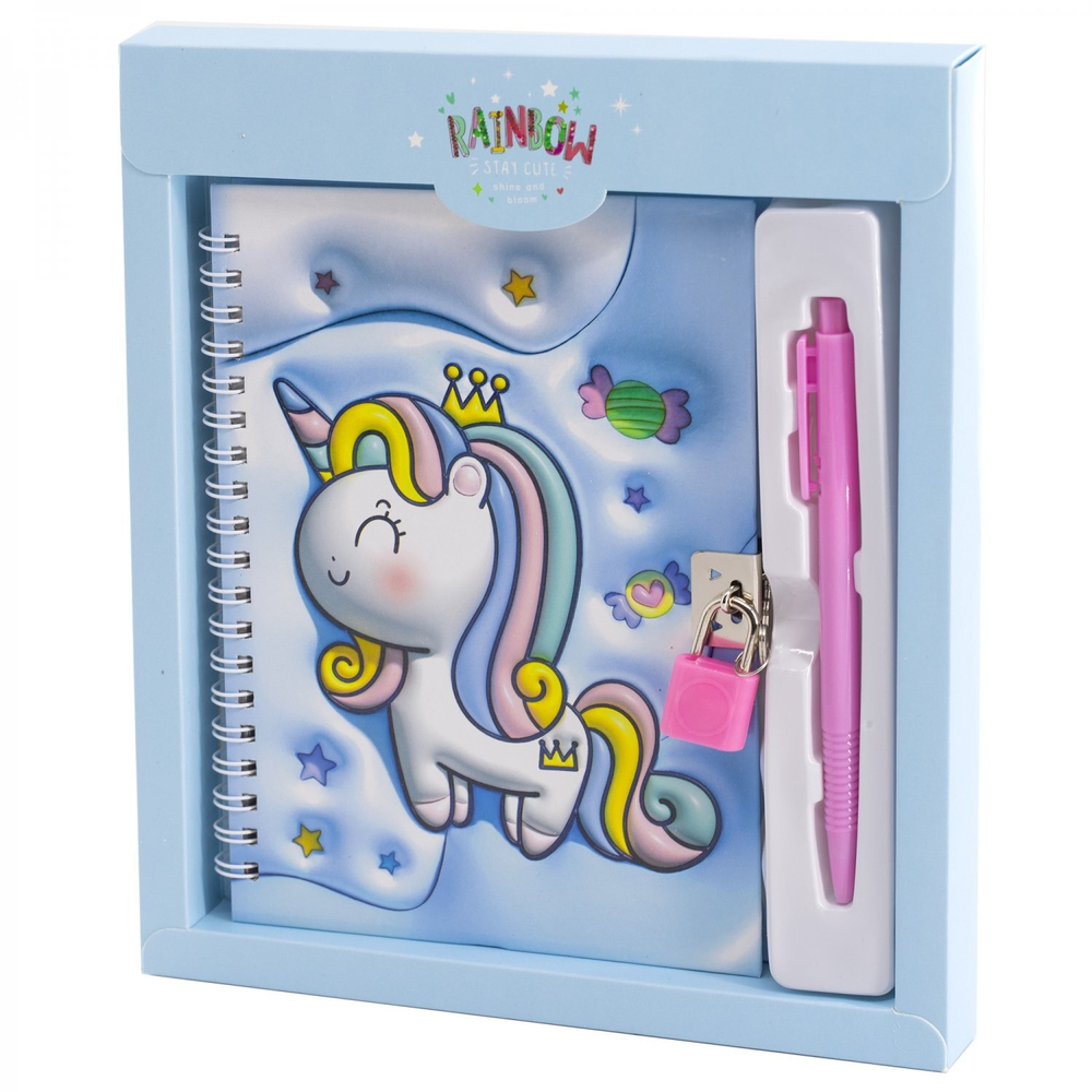 Блокнот в футляре, 19,5 см * 22,5 см, гребень, Alingar, ламинация, эффект 3D, ручка, замочек, клетка, 45 л., "Малыш-единорог", голубой