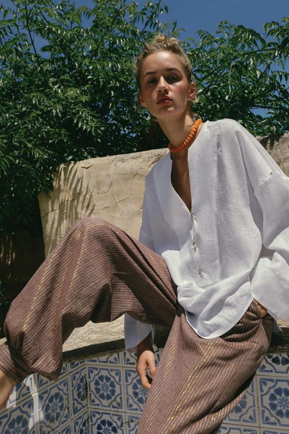 ZARA БРЮКИ-БАГГИ ИЗ СМЕСОВОГО ЛЬНА С ЗАВЯЗКАМИ, КОРИЧНЕВЫЙ/ЭКРЮ