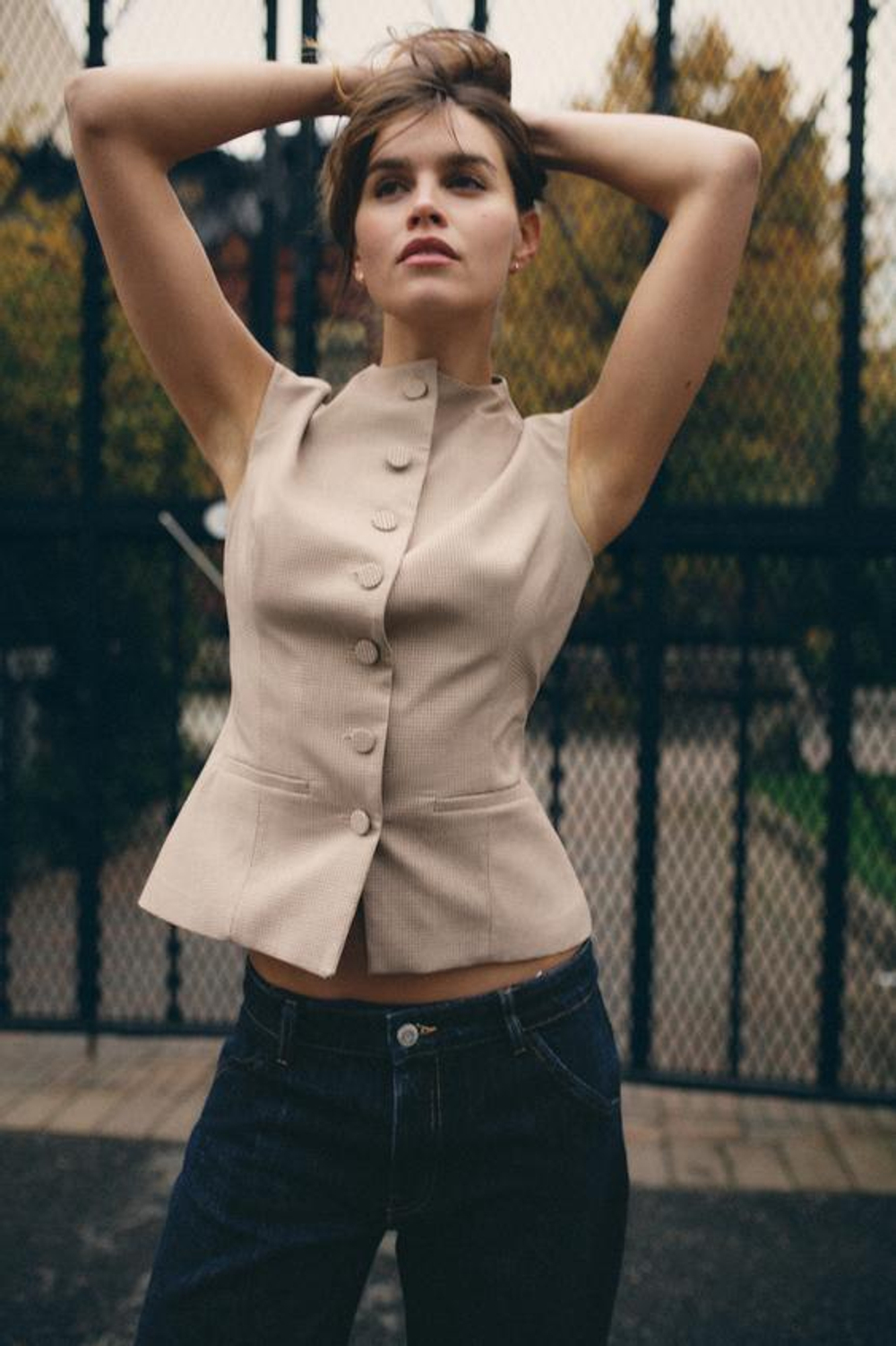 ZARA ТОП В КЛЕТКУ С ПУГОВИЦАМИ, ОТТЕНОК КОРИЧНЕВОГО