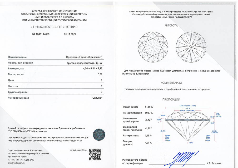 Бриллиант 1041144039 Кр-57-0,37-6/8 Б