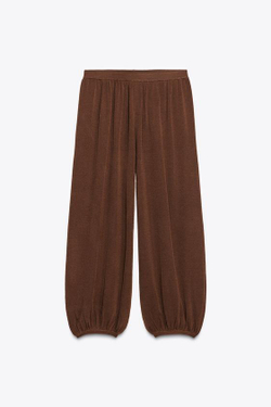 ZARA ТРИКОТАЖНЫЕ БРЮКИ СО СБОРКАМИ, ШОКОЛАДНЫЙ