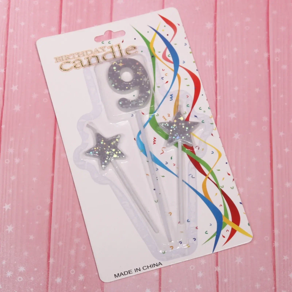 Свеча для торта Цифра Звёздное сияние «9» 16 см (набор 3шт), серебро