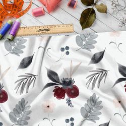Ткань кулирная гладь бордовые розы с чёрными листьями на белом фоне
