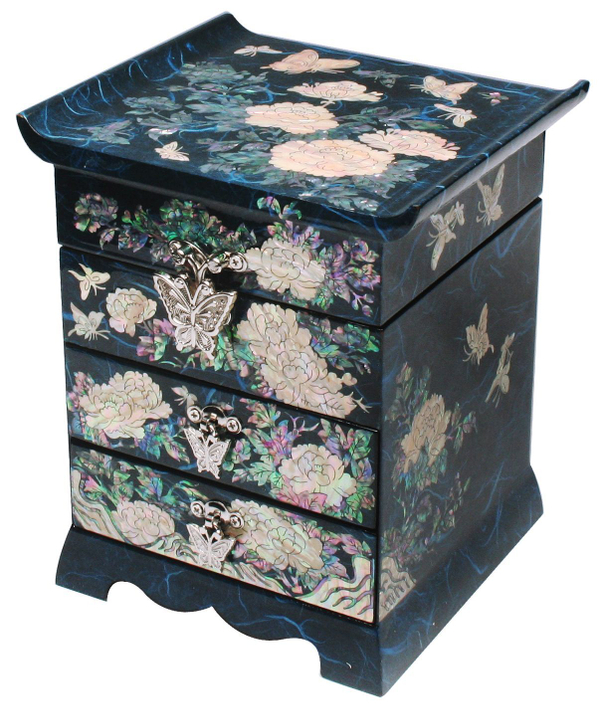 Шкатулка-сундучок Пионы ручной работы синяя, Южная Корея 145x130x170мм