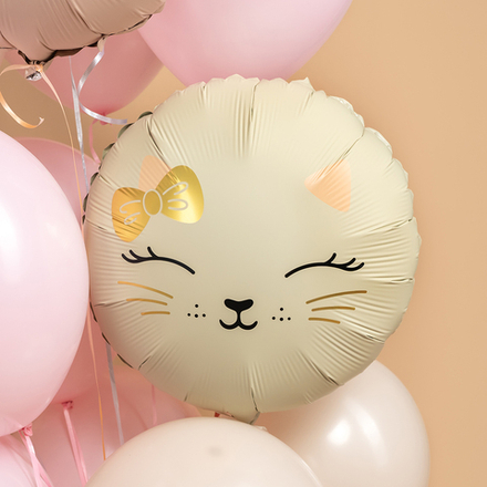 Шар (18''/46 см) Круг, Кошечка с бантом, Кремовый, Сатин, 1 шт. в уп. (цв.этик.)