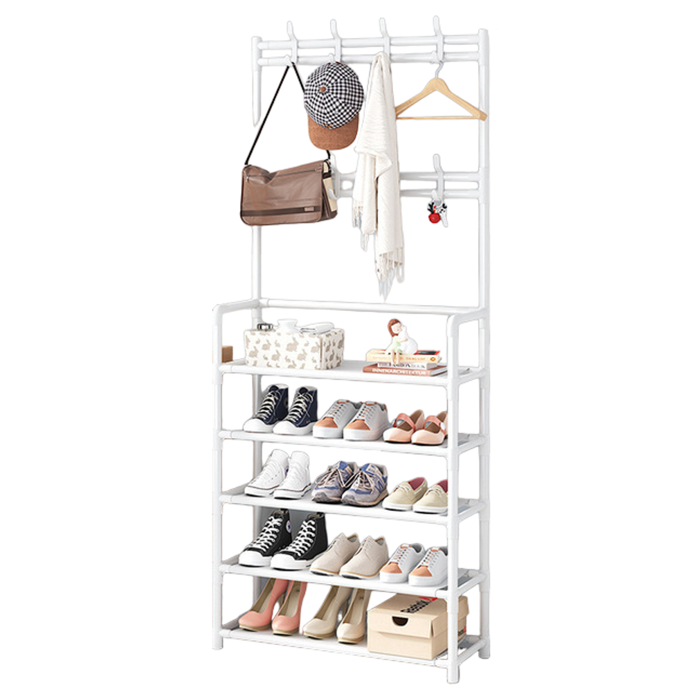 Напольная вешалка для обуви и одежды с полками и крючками 2в1 "New simple floor Clothes Rack" 4яруса- 80х28х158 / 5ярусов- 80х28х175см