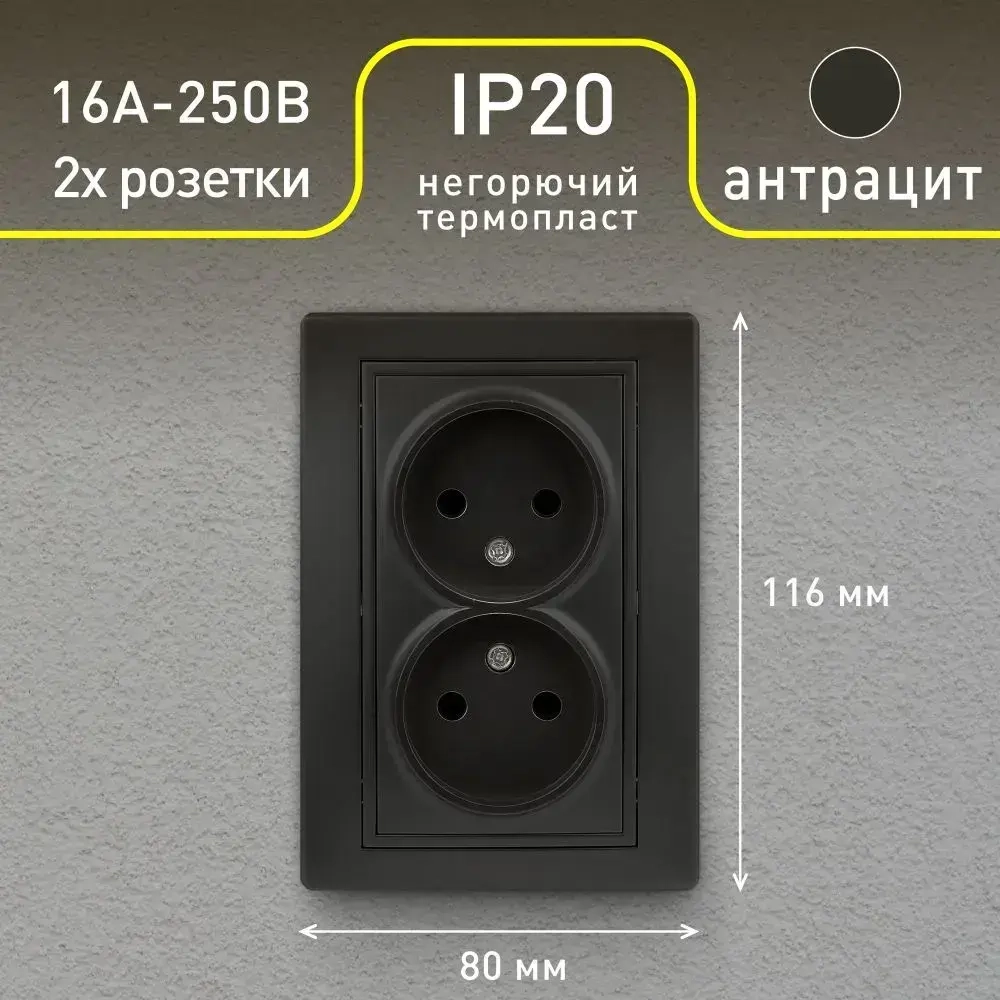 Розетка Intro Plano 1-204-05 без заземления двойная 2х2P 16А-250В IP20 скрытой установки черный