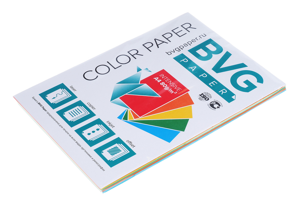 Бумага для офисной техники цветная intensive 5 цв. (красный желтый оранжевый зеленый голубой) А4 80г/м2 100л BVG ЦБ4Ирr/радуга