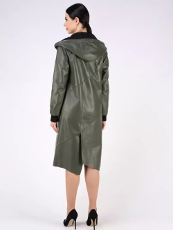 Кожаный плащ длинный с капюшоном пальто