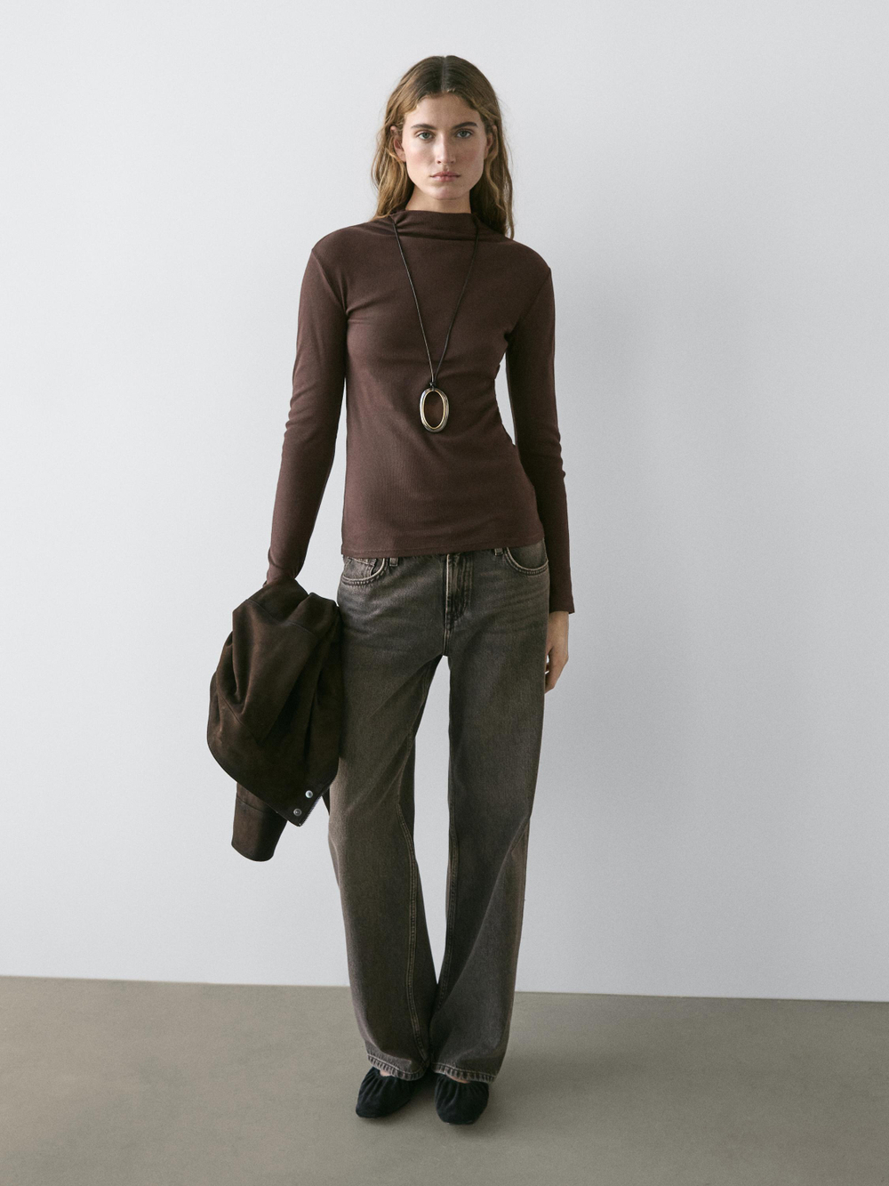 Massimo Dutti Хлопковая футболка в рубчик с длинными рукавами, коричневый