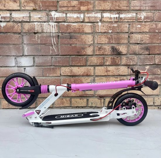 Складной двухколёсный самокат Micar Storm Pro 200 мм с двумя амортизаторами и ручным дисковым тормозом, бело-розовый