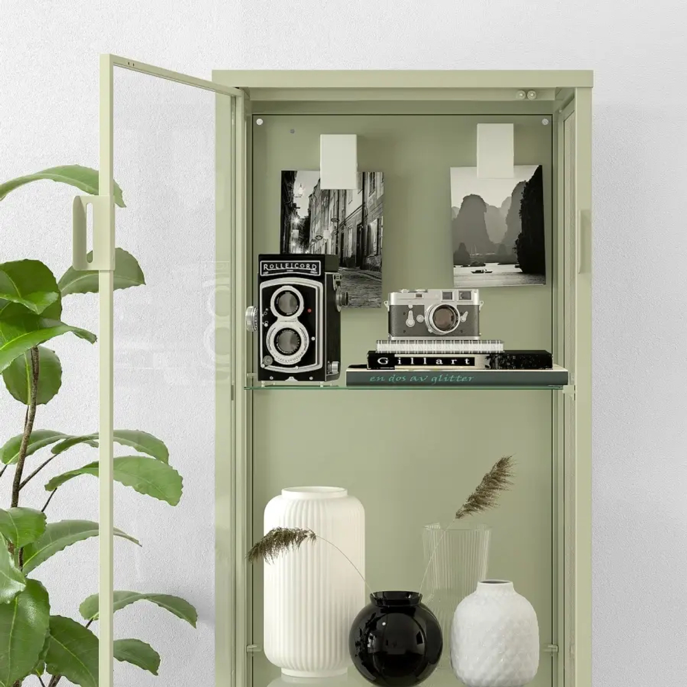 Шкаф со стеклянными дверцами  - RUDSTA IKEA/ РУДСТА ИКЕА, 42x37x155 см, светло-зелёный/прозрачный