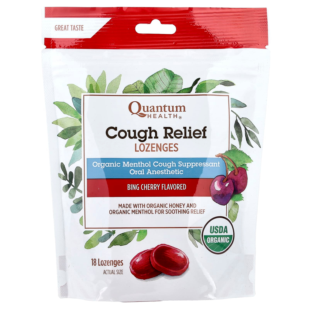 Quantum Health, леденцы от кашля, со вкусом черешни, 18 леденцов (5 мг в 1 пастилке)