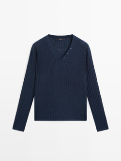 Massimo Dutti Вязаный льняной свитер с пуговицами, темно-синий