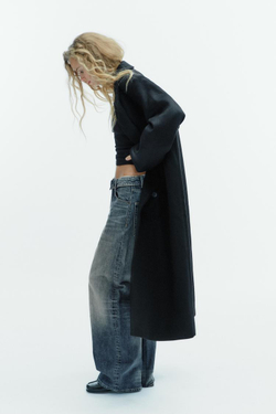 ZARA УДЛИНЕННОЕ ПАЛЬТО ИЗ СМЕСОВОЙ ШЕРСТИ, ЧЕРНЫЙ