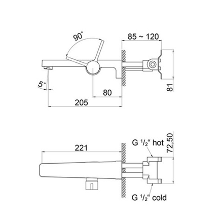 Смеситель для раковины Steinberg Серия 230 настенный с керамическим картриджем, в комплекте со скрытым корпусом 1/2 ", выступ 205 мм, хром 230 1840