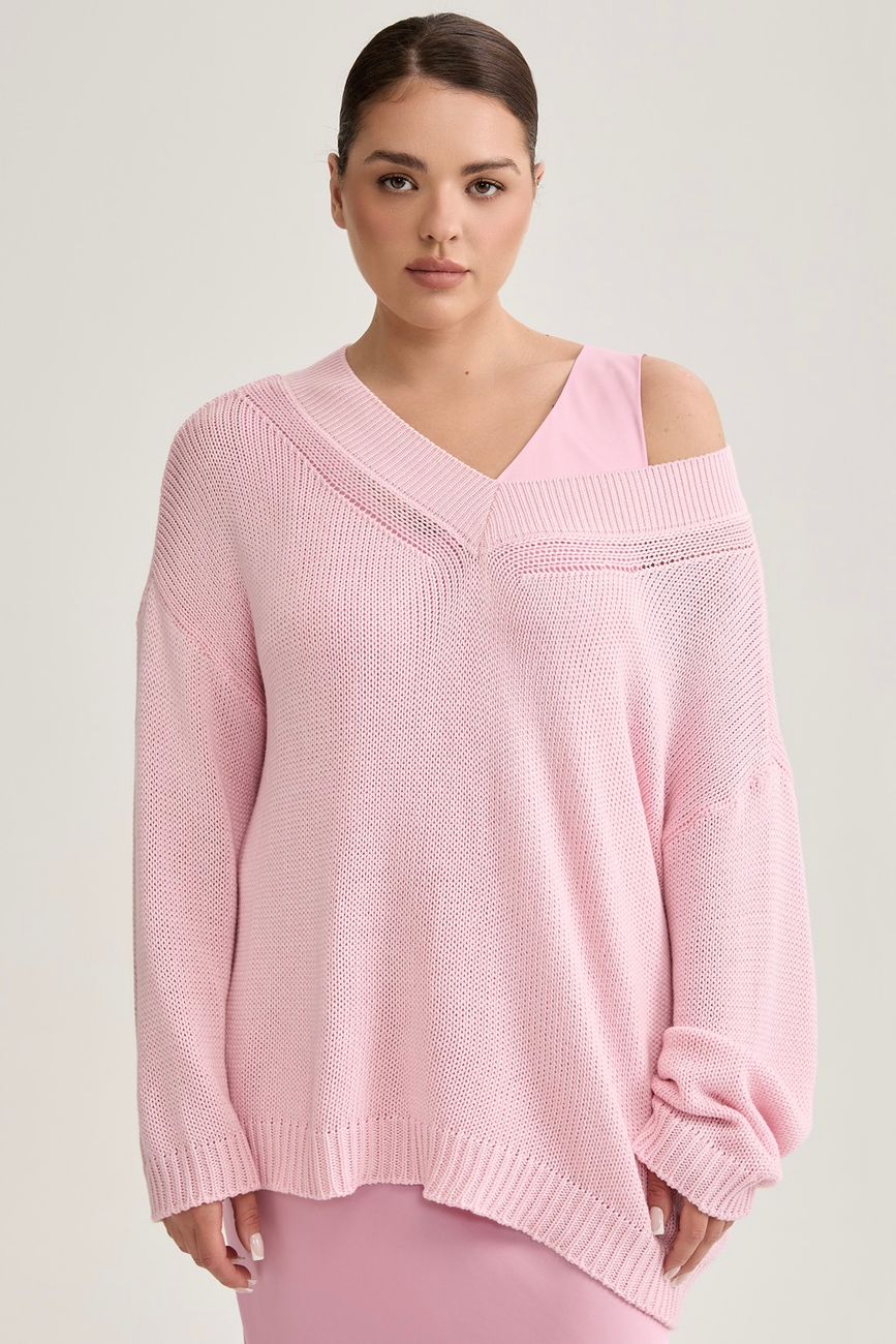 Джемпер вязаный на одно плечо, розовый