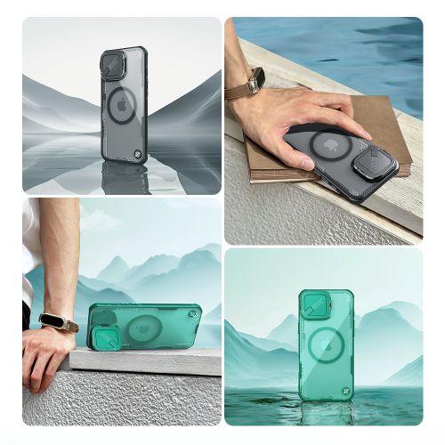 Чехол тонированный (Transparent Black) от Nillkin с металлической откидной крышкой и поддержкой магнитной беспроводной зарядки MagSafe на iPhone 16, серия Iceblade Prop Magnetic Case