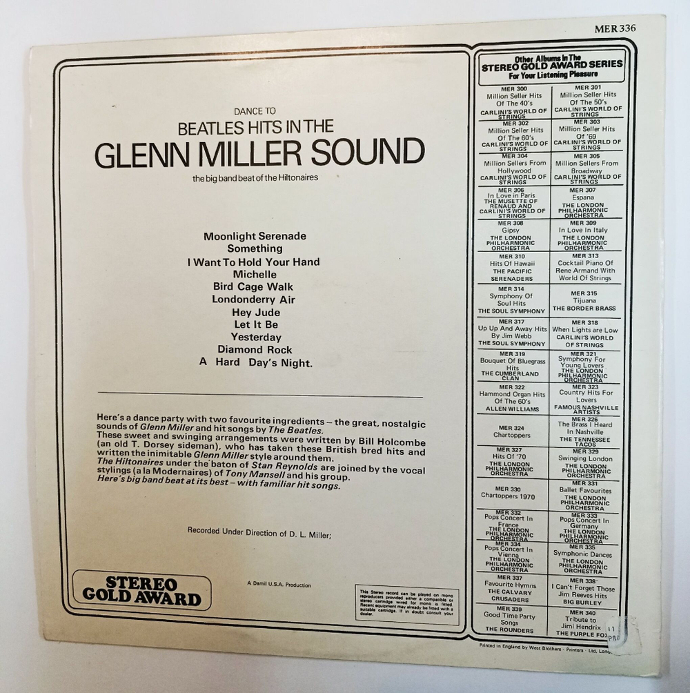 Винтажная виниловая пластинка LP The Hiltonaires Dance To Beatles Hits In The Glenn Miller Sound (UK 1971)