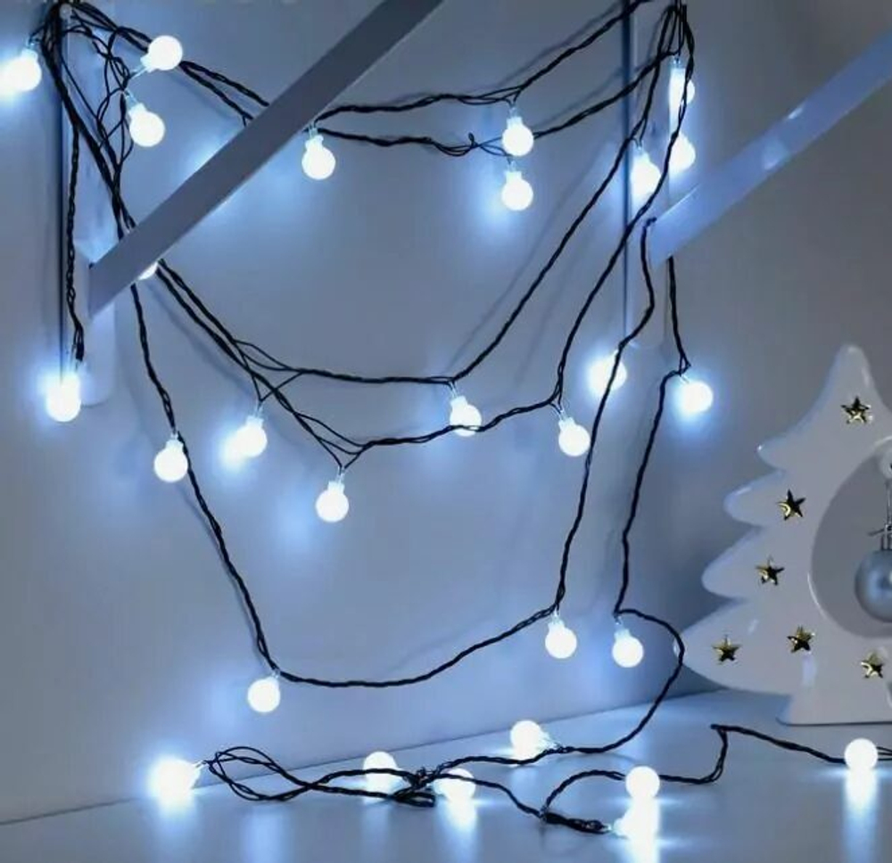 Гирлянда "Нить" 5 м с насадками "Шарики белые", IP20, тёмная нить, 30 LED, свечение белое, 8 режимов, 220 В