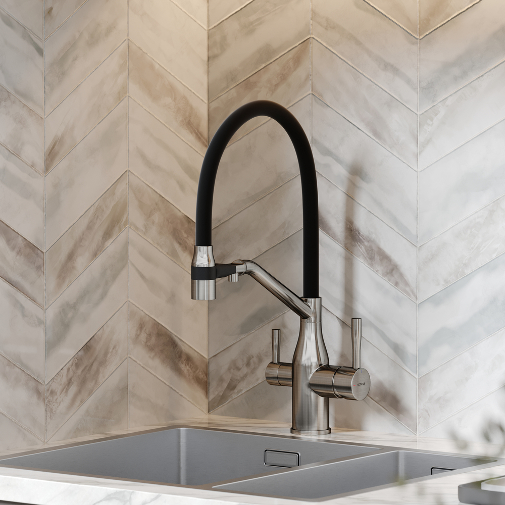 Смеситель для кухни Sancos Orta с гибким изливом, цвет брашированный никель/черный, арт. SC4008BN