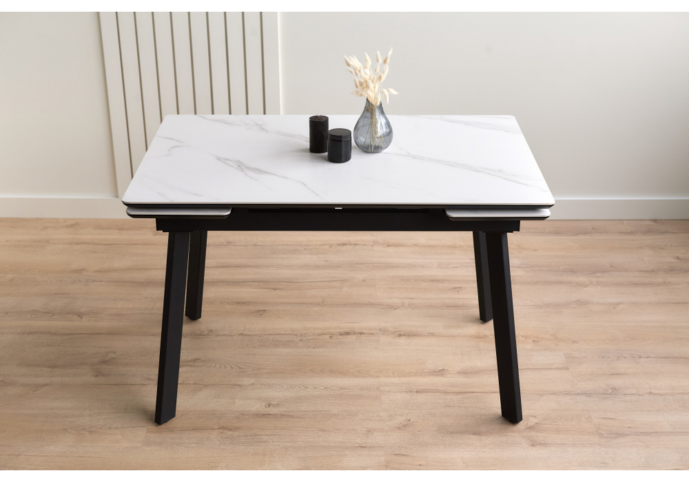 Керамический стол Woodville Норман 120(180)х80 snow (alpin) white, черный, ножки черные