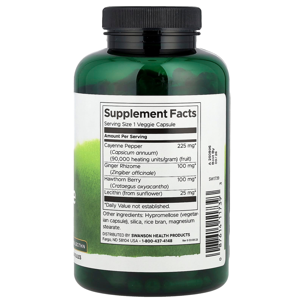Swanson, Кайенский перец с корневищем имбиря, ягодами боярышника и лецитином, 250 растительных капсул