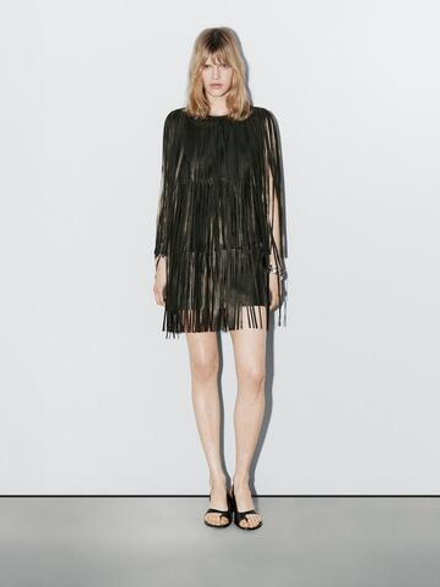 Massimo Dutti Короткое кожаное платье - Studio, фисташковый