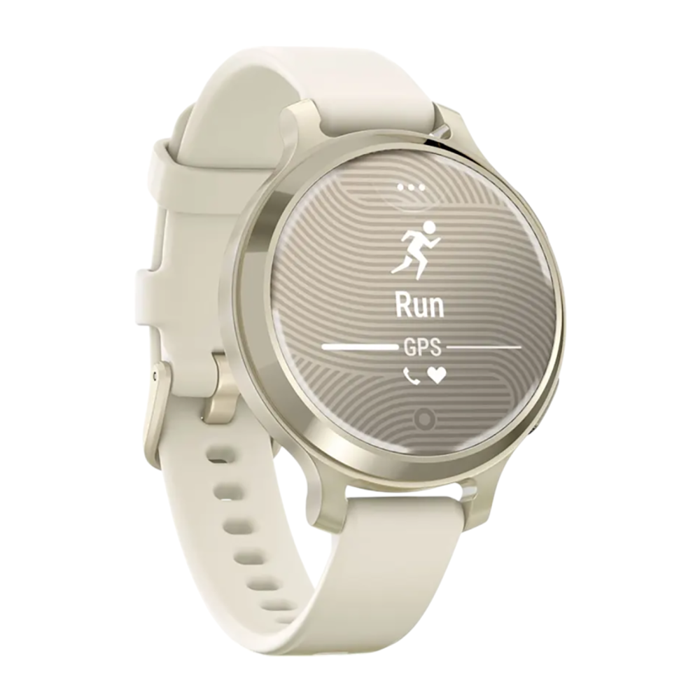 Спортивные часы Garmin Lily 2 Active, силиконовый ремешок цвета кости Алюминиевый безель цвета «лунное золото», стекло Gorilla Glass. Ремешок с классической застёжкой — на запястье обхватом 110–175 мм