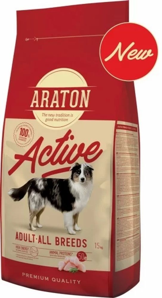 ARATON dog adult active. Полнорационный сухой корм премиум класса для активных, служебных, тренируемых, живущих на свежем воздухе, сторожевых взрослых собак всех пород.