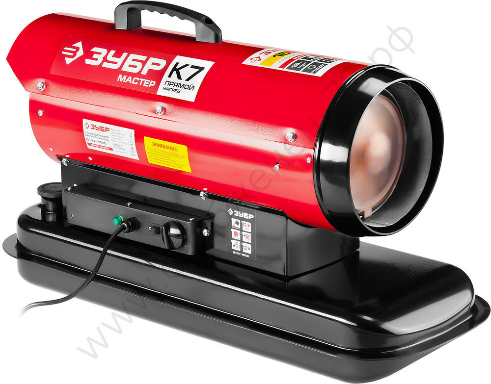 Пушка дизельная тепловая, ЗУБР ДП-К7-15000, 220 В, 15 кВт, 300 м.куб/час, 18.5 л, 1.3 кг/ч, регулятор температуры