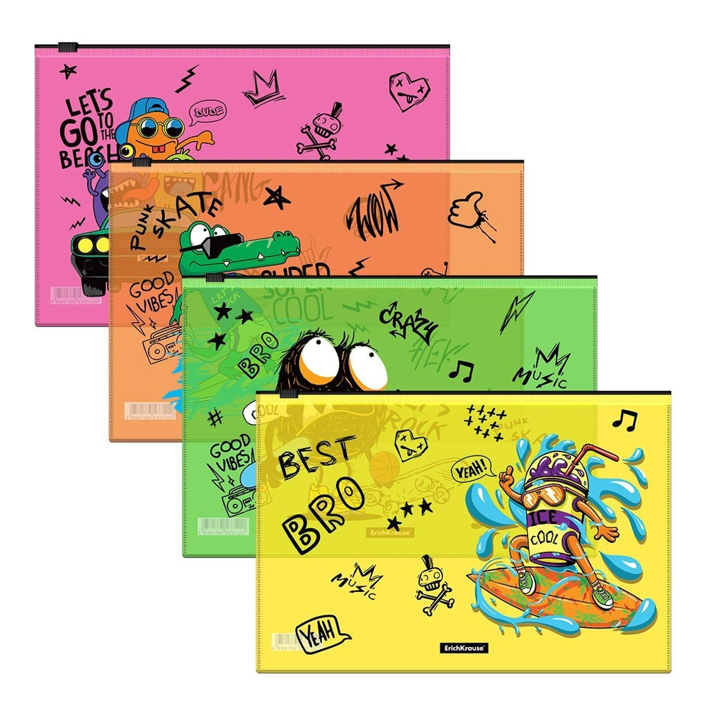 ZIP-LOCK пакет на молнии 288*198 мм, Erich Krause, В5, 160 мкм, пластик, полупрозрачный, ассорти, "Funny Monsterst"