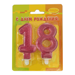 РАСПРОДАЖА СВЕЧА ЦИФРА 18 РОЗОВАЯ С БЛЕСТКАМИ 6СМ