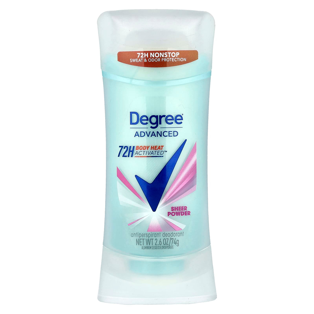 Degree, Advanced, 72H Body Heat Activated™, дезодорант-антиперспирант, прозрачная пудра, 74 г (2,6 унции)