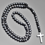 Фото мужские бусы (цепочка из камня) из гематита с крестом