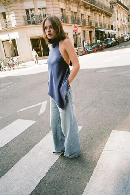 ZARA ДЖИНСЫ TRF BAGGY СО СТРАЗАМИ И ДРАГОЦЕННЫМИ КАМНЯМИ, ТЕМНО-СИНИЙ