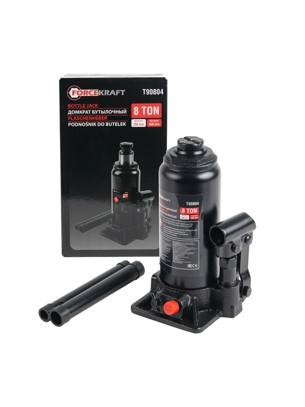 Домкрат бутылочный 8т с клапаном(h min 200мм,h max 400мм) FORCEKRAFT FK-T90804