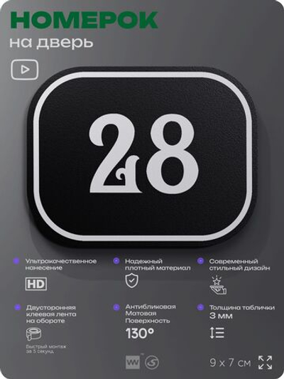 Номерок на дверь квартиры 28, для кабинета, офиса, шильдик 9 х 7 см, черный, Айдентика Технолоджи