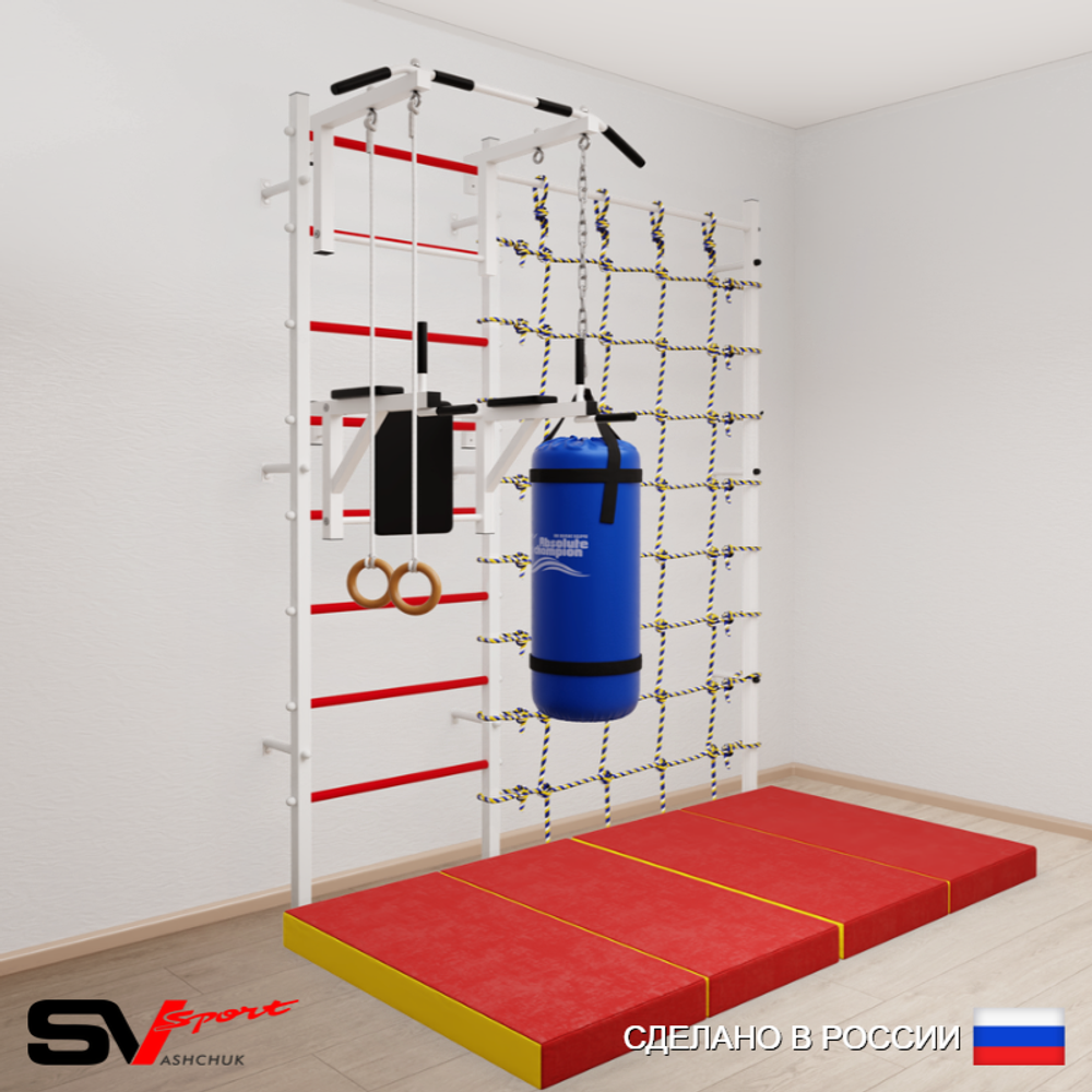 Шведская стенка Sv Sport усиленная 67170 (Турник стандарт/Брусья/Кольца/Цепь/Мешок 30кг/Мат 2м/Канатный лаз)