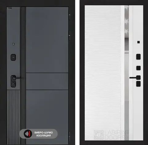 Входная металлическая дверь с зеркалом Лабиринт Evolab (Эволаб) Velluto Oscuro 32 зеркальная вставка Белый софт рельеф