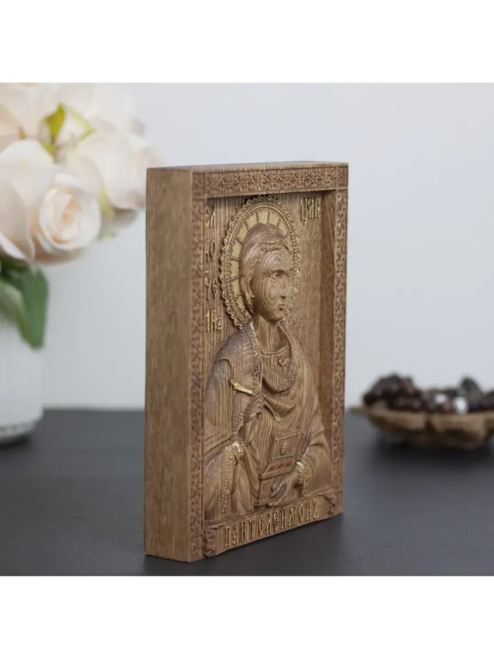 Пантелеймон Целитель икона деревянная резная, ясень