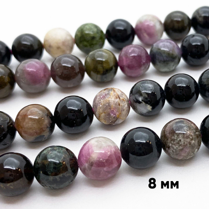 Турмалин бусины, диаметр 8,2-8,4 мм, цена за 12 шт (1/4 нити)