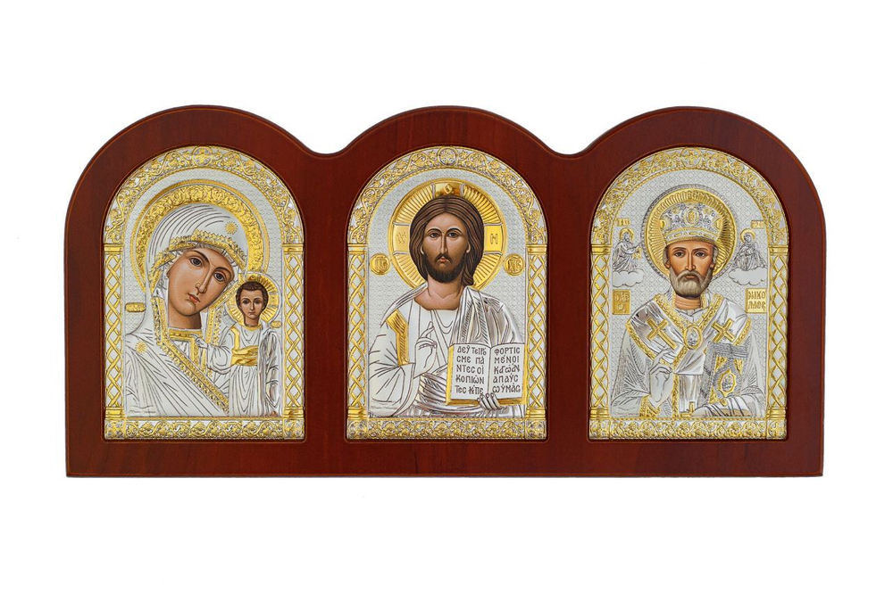 Триптих, Спаситель, Казанская БМ, Николай Чудотворец, икона, красное дерево 75х160