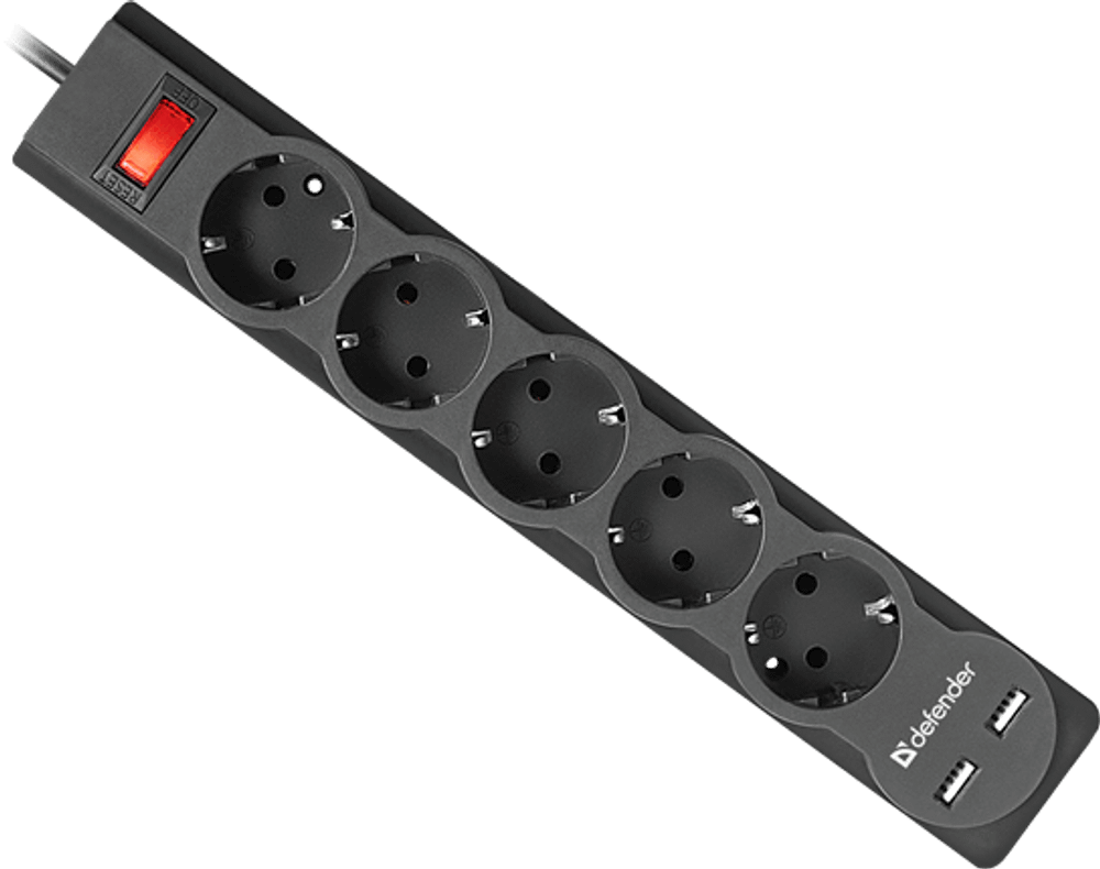 Сетевой фильтр Defender DFS 751 5 розеток, 1.8 м (защита от ВЧ и импульсных помех, USB зарядка 2.1А)