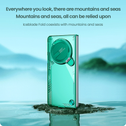Чехол прозрачный зеленого цвета от Nillkin с металлической откидной крышкой на OPPO Find N5, серия Iceblade Fold Case