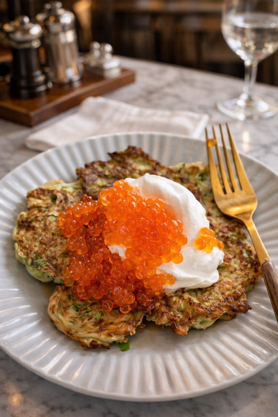 Кабачковые оладьи с красной икрой — когда лето встречается с роскошью