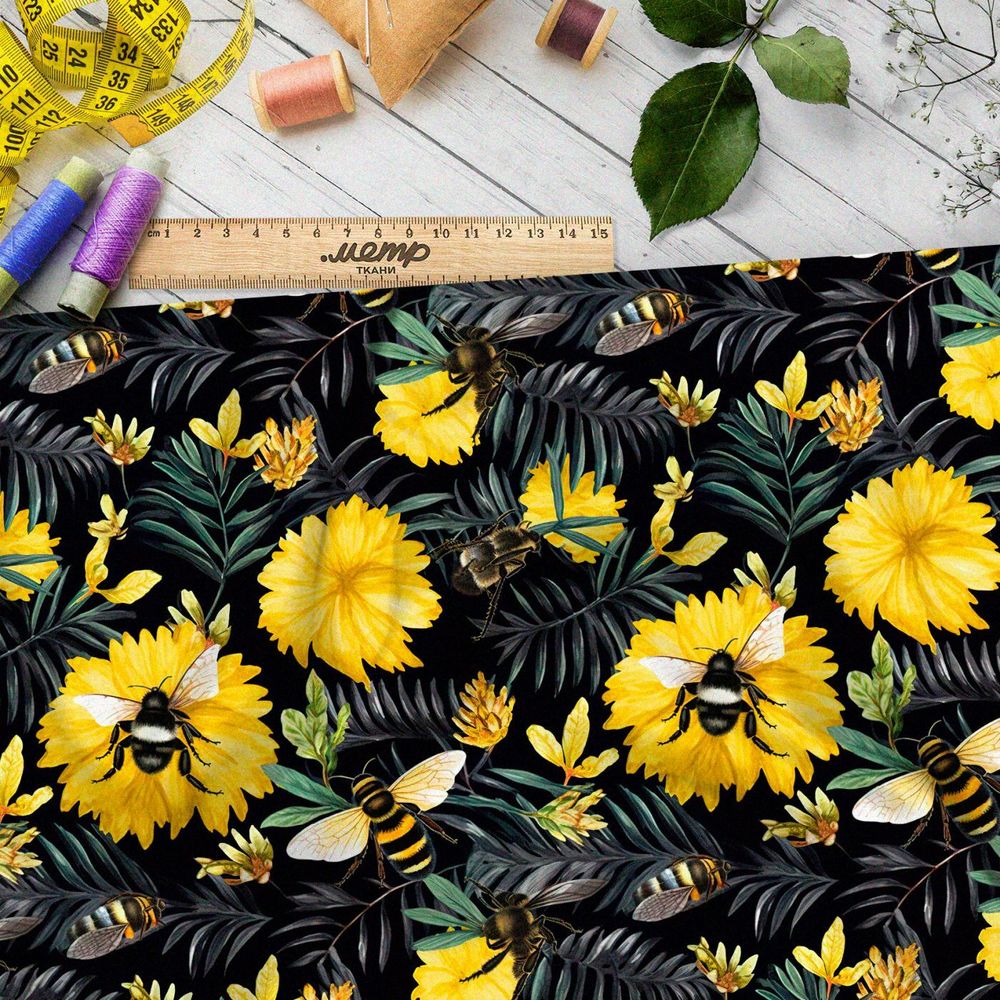 Ткань премиум дюспо шмели на желтых цветах
