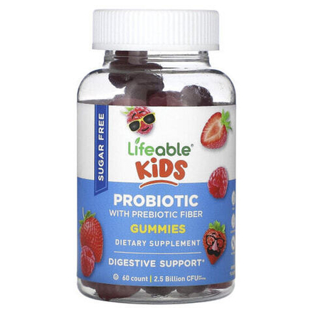 Детское здоровье Lifeable, Детский пробиотик с пробиотической клетчаткой, жевательные мармеладки, ягодный, без сахара, 2,5 млрд КОЕ, 60 жевательных таблеток