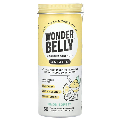Wonderbelly, Антацид, лимонный сорбет, 60 жевательных таблеток (1000 мг в каждой таблетке)