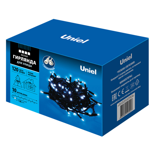 ULD-S1000-120/TBK WHITE IP67 Гирлянда светодиодная с эффектом мерцания, 10м. Соединяемая. 120 светодиодов. Белый свет. Провод черный. TM Uniel.